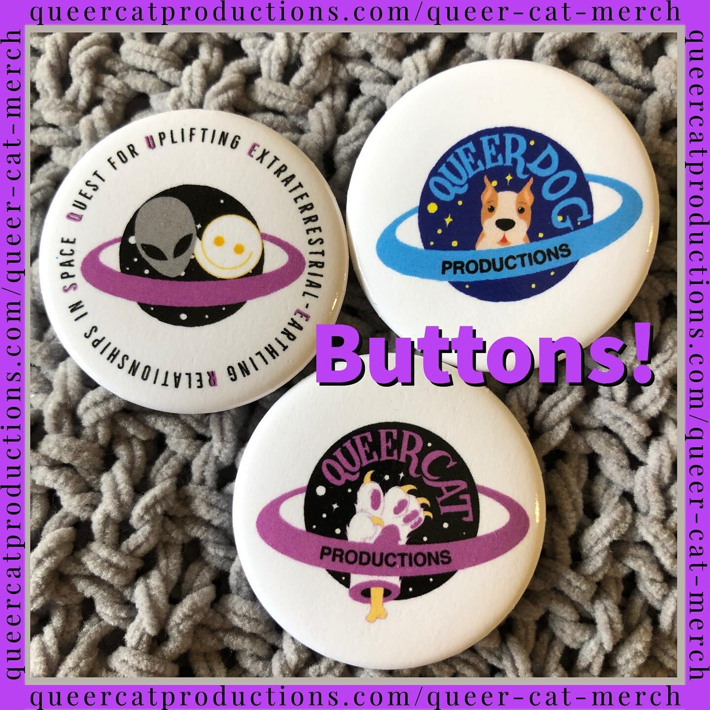 Are you a 😺? A 🐶? An 👽? We've got buttons for you!!! One for $2, or all three for $5. queercatproductions.com/queer-cat-merch (link in bio)
.
.
[Image description: Three Queer Cat Productions buttons, all 1-inch circle style with white backgrounds