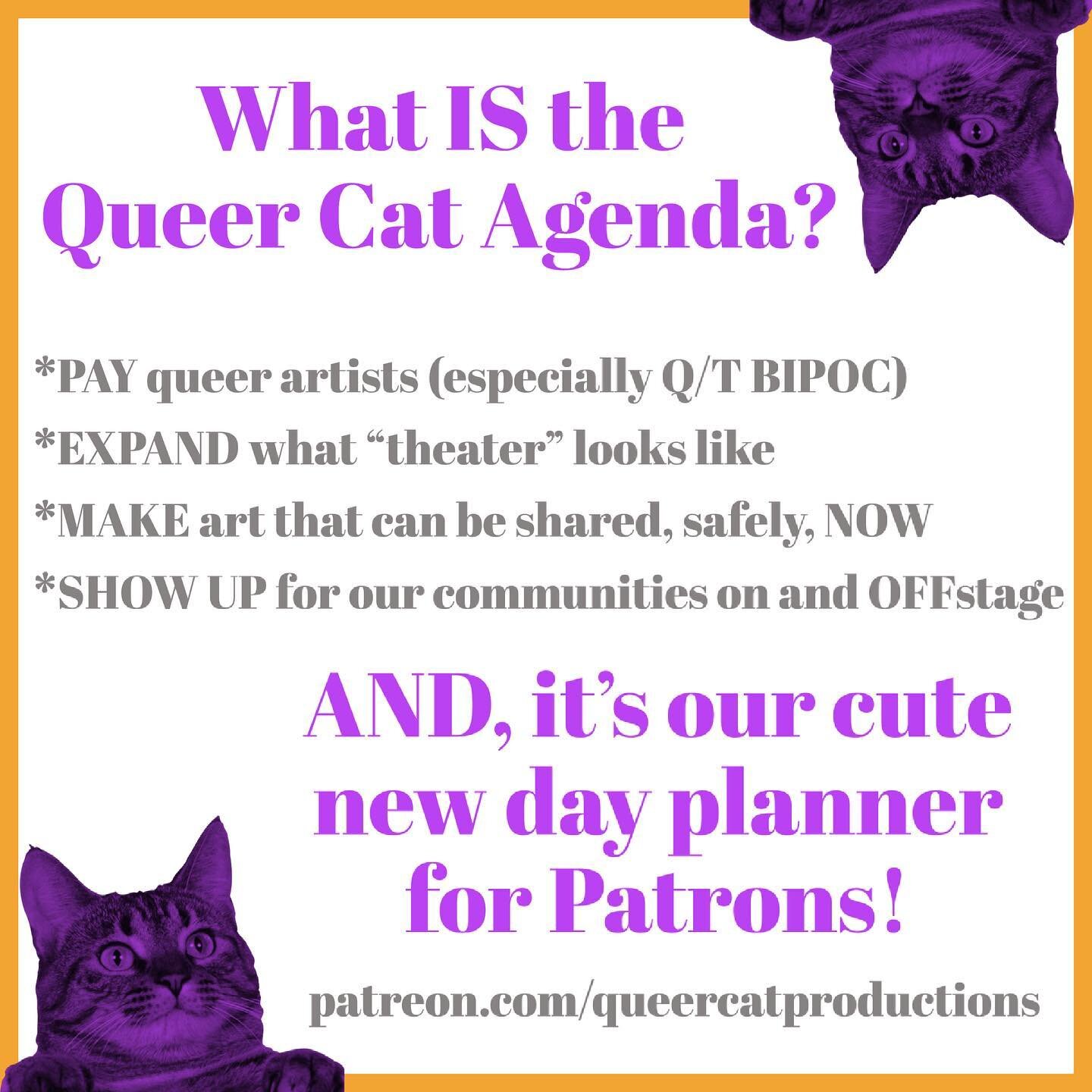 HAPPY PRIDE! We're putting the Queer Cat Agenda into effect. Join us? Link in bio.
.
.
[Image description: At the bottom left and top right corners, two purple cats peek over the edge of the image. Order border around purple and gray text that reads:
