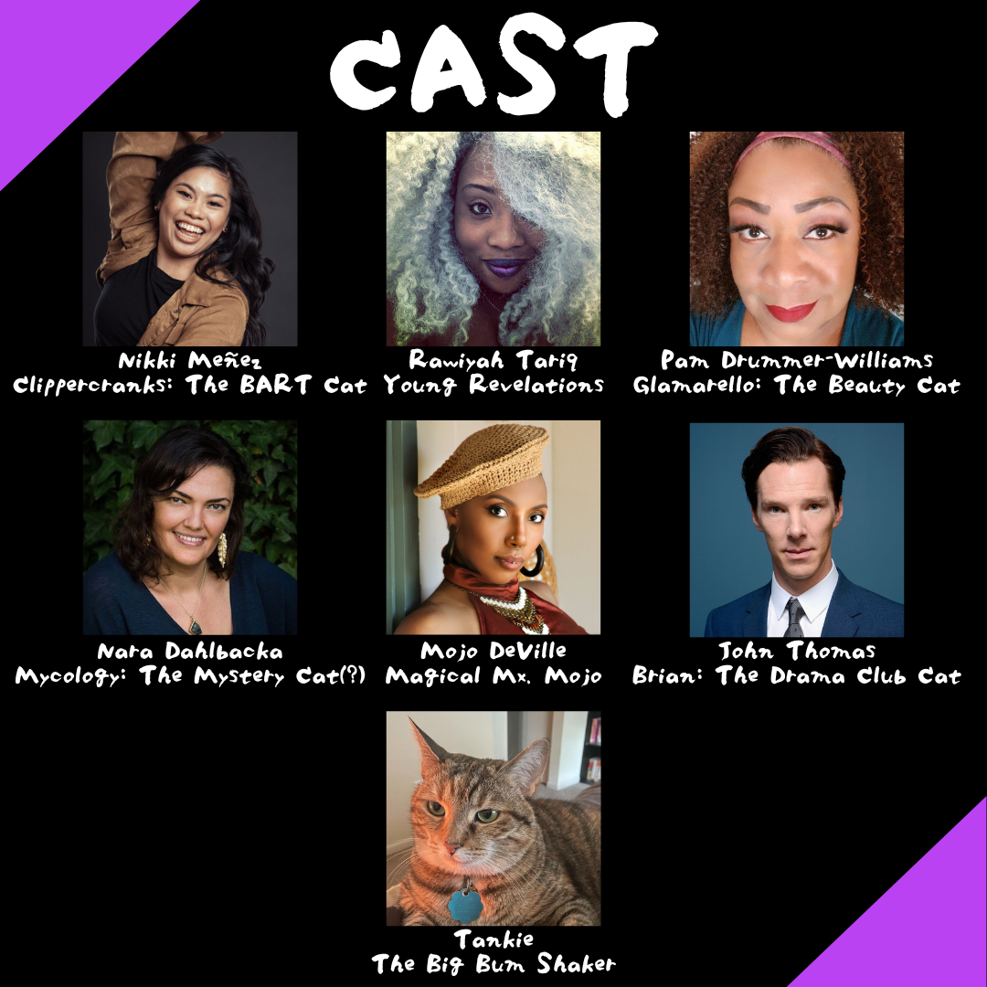 Cast poster of our performers' headshots and their roles against a black background.