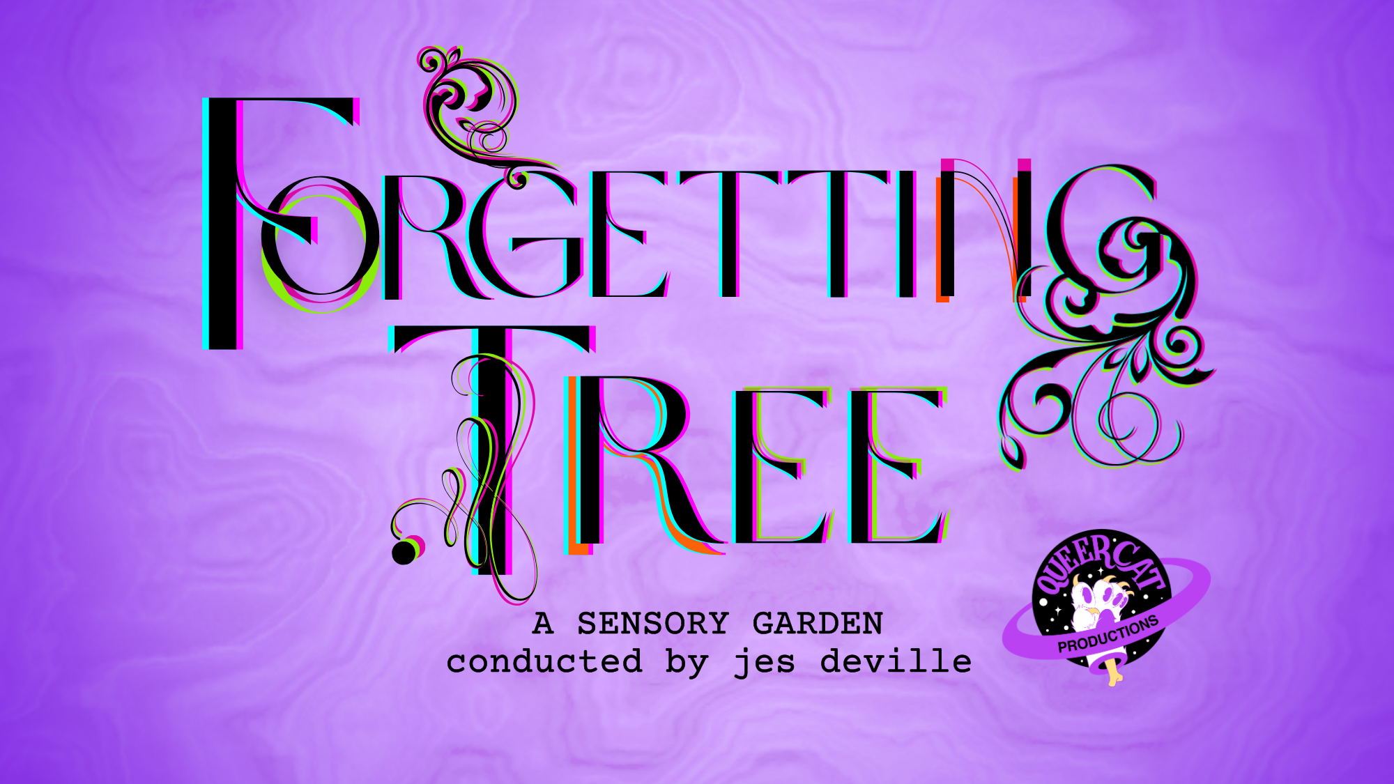 Highly stylized text reads: Forgetting Tree. Text underneath reads: A Sensory Garden Conducted by Jes DeVille. The background is a purple topographical map. Our logo—a white cat paw against Saturn's silhouette with our name—is in the bottom right.